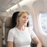 Woman sleeping on aeroplane with neck pillow
