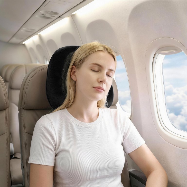 Woman sleeping on aeroplane with neck pillow