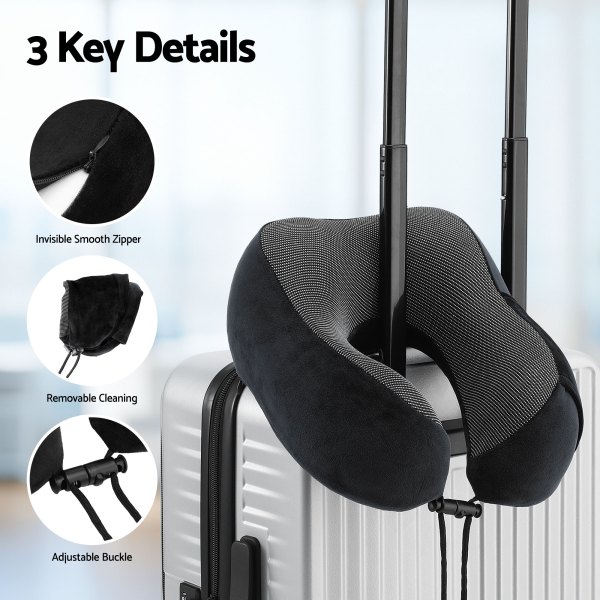 Travel neck pillow attached to suitcase handle