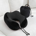 Black U-shaped travel neck pillow with carry bag