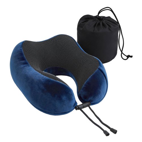 Blue memory foam travel neck pillow with bag
