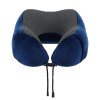 Blue U-shaped travel neck pillow with drawstring