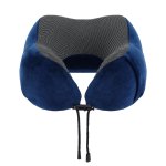 Blue U-shaped travel neck pillow with drawstring