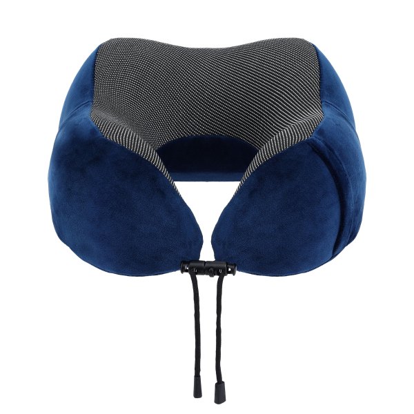 Blue U-shaped travel neck pillow with drawstring