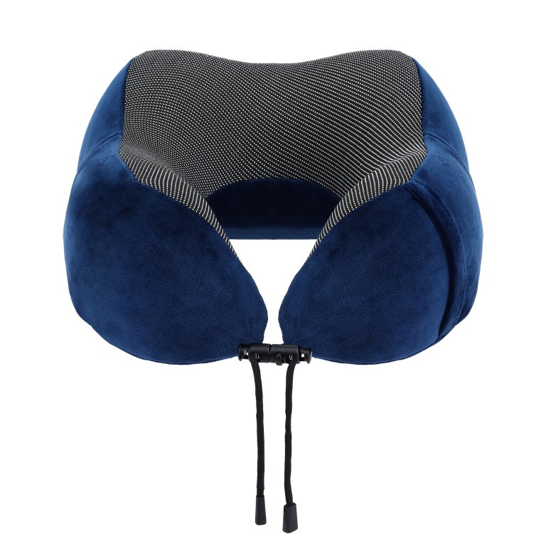 Blue U-shaped travel neck pillow with drawstring