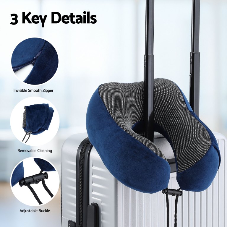 Travel neck pillow attached to suitcase handle