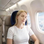 Woman sleeping on plane with neck pillow
