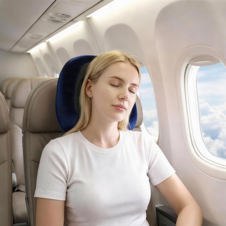 Woman sleeping on plane with neck pillow