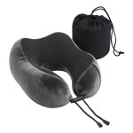 Grey memory foam travel neck pillow with pouch