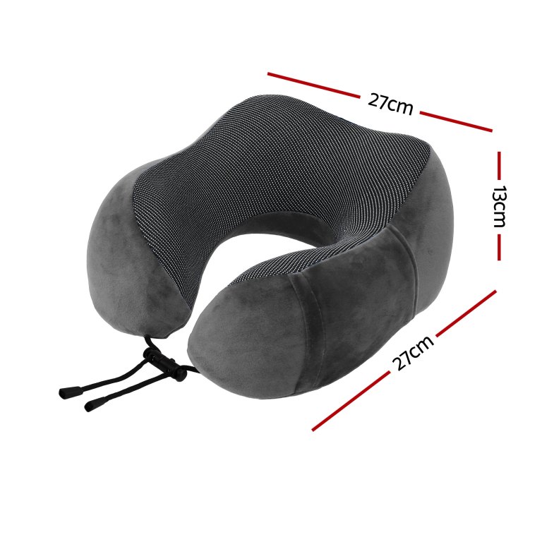 Grey U-shaped travel neck pillow with dimensions