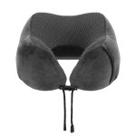 Grey memory foam travel neck pillow with drawstring