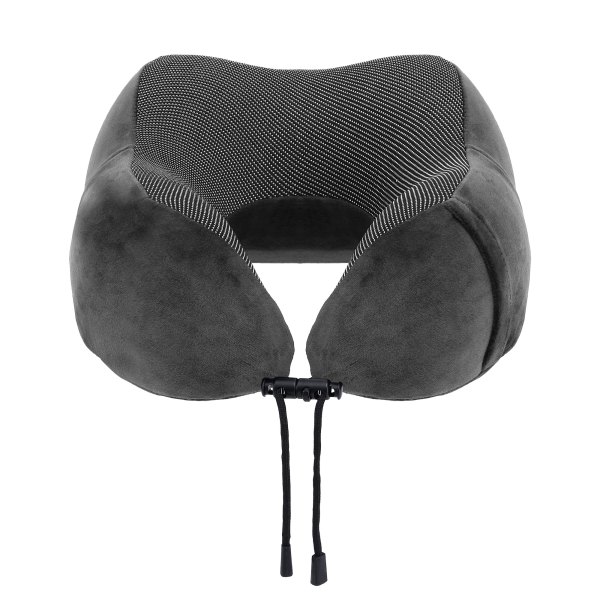 Grey memory foam travel neck pillow with drawstring