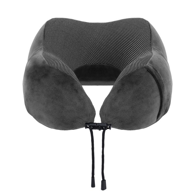 Grey memory foam travel neck pillow with drawstring