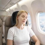 Woman sleeping on aeroplane with neck pillow