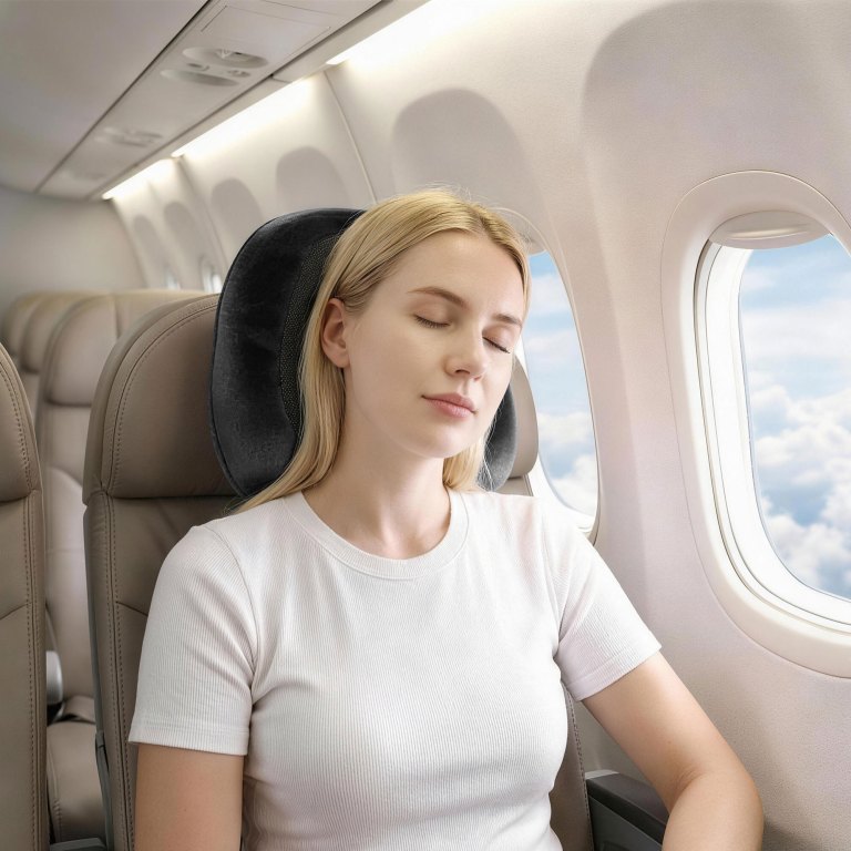 Woman sleeping on aeroplane with neck pillow