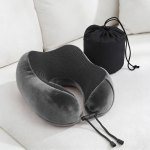 Grey memory foam travel neck pillow with pouch