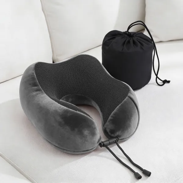 Grey memory foam travel neck pillow with pouch