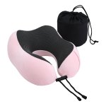 Pink memory foam travel neck pillow with bag