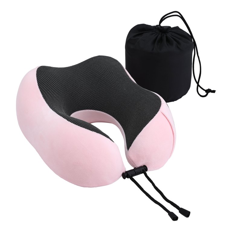 Pink memory foam travel neck pillow with bag