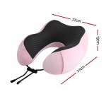 Pink U-shaped travel neck pillow with dimensions