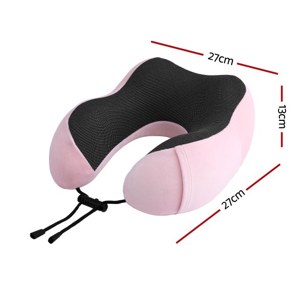 Pink U-shaped travel neck pillow with dimensions