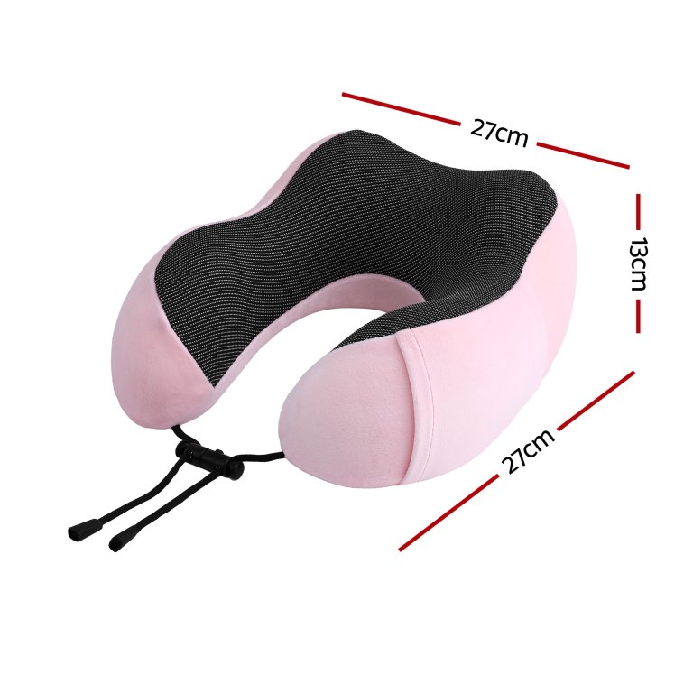 Pink U-shaped travel neck pillow with dimensions
