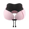 Pink U-shaped travel neck pillow with black mesh