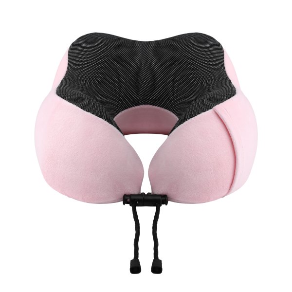 Pink U-shaped travel neck pillow with black mesh