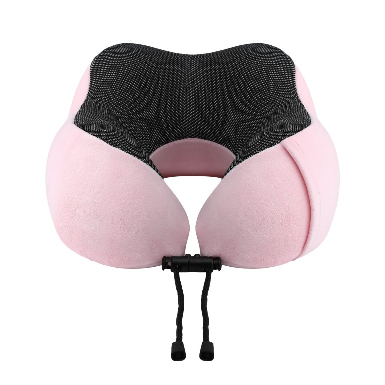 Pink U-shaped travel neck pillow with black mesh