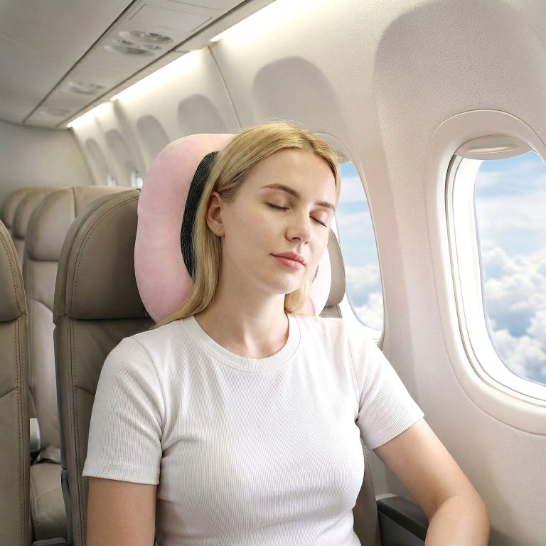 Woman sleeping on plane with neck pillow
