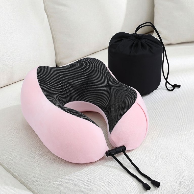 Pink travel neck pillow with carry bag
