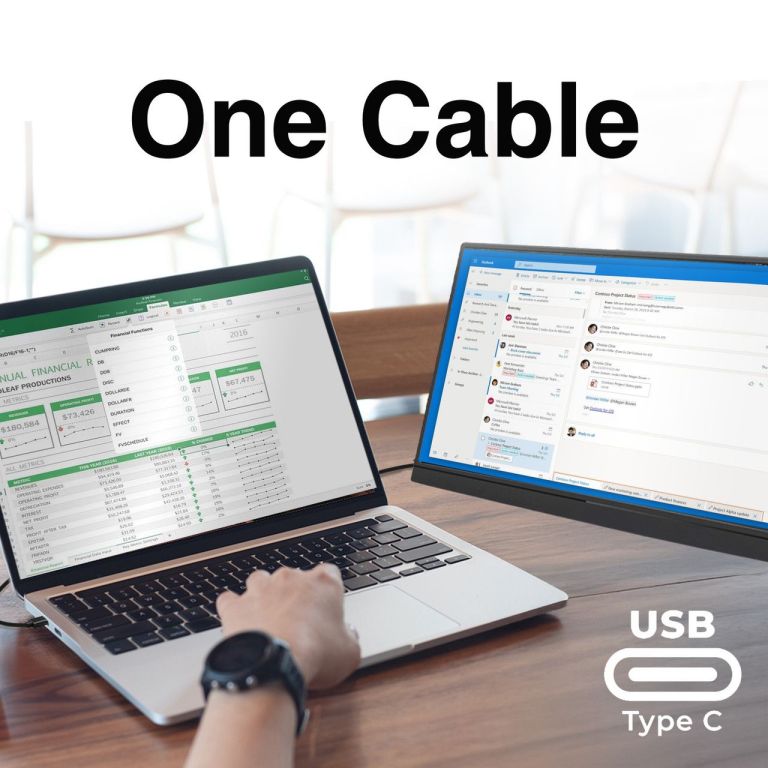 laser 15.6 inch portable monitor with usb c and hdmi Laptop connected to monitor via USB-C cable