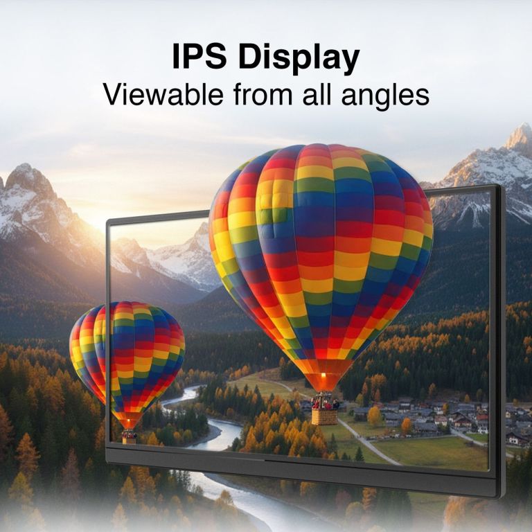 laser 15.6 inch portable monitor with usb c and hdmi IPS display showing vibrant hot air balloons