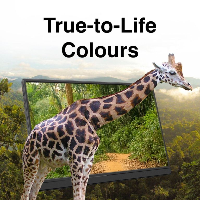 laser 15.6 inch portable monitor with usb c and hdmi Giraffe stepping out of TV in forest