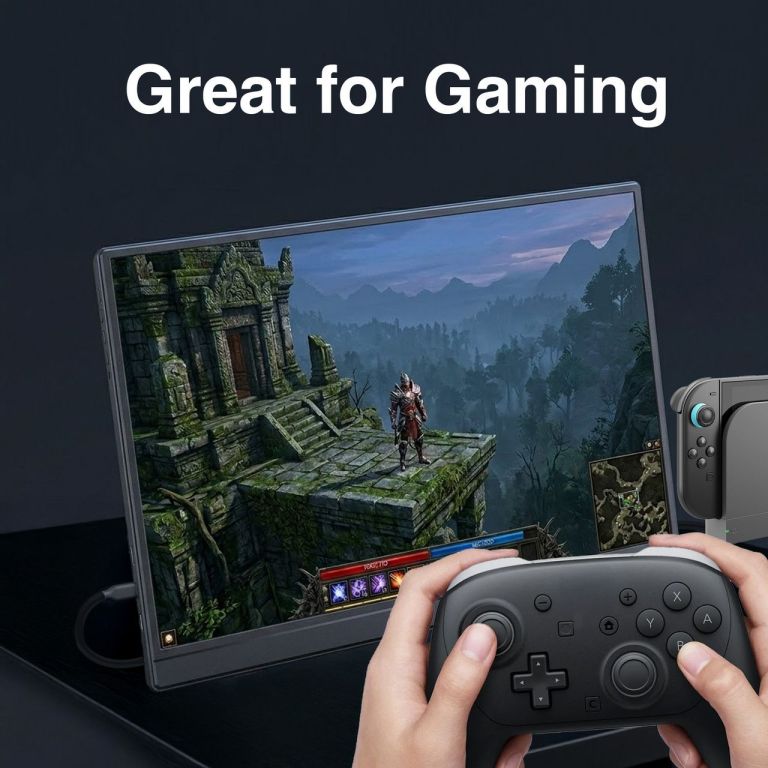 laser 15.6 inch portable monitor with usb c and hdmi Portable monitor displaying fantasy game with controller