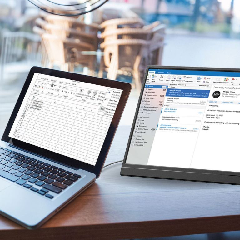 laser 15.6 inch portable monitor with usb c and hdmi Laptop and monitor displaying spreadsheet and emails