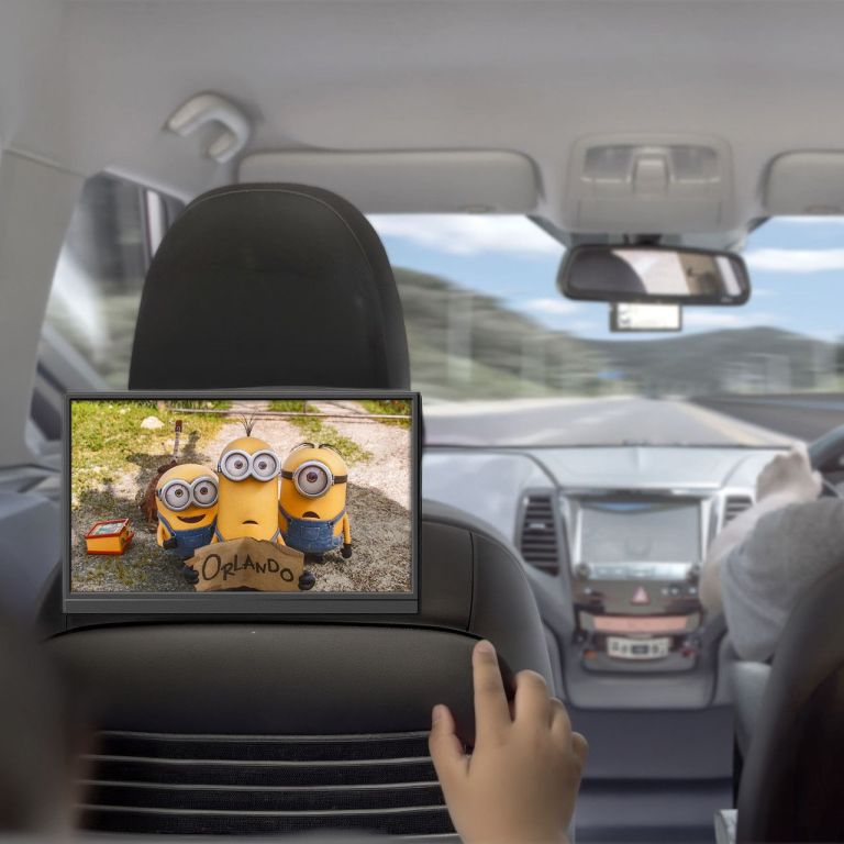 laser 15.6 inch portable monitor with usb c and hdmi Backseat screen showing Minions Orlando road trip