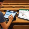Student using tablet and laptop in lecture hall