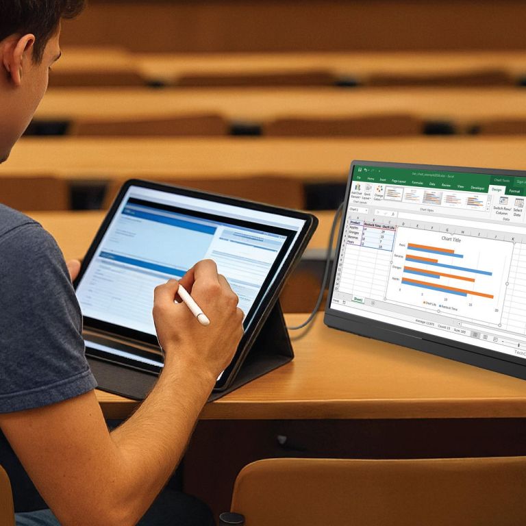 laser 15.6 inch portable monitor with usb c and hdmi Student using tablet and laptop in lecture hall