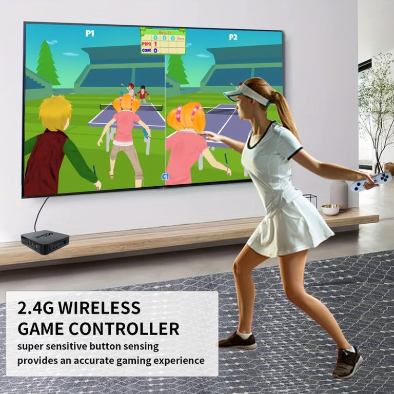 2 player dance mat game with motion sensor Woman playing motion-controlled tennis game on TV