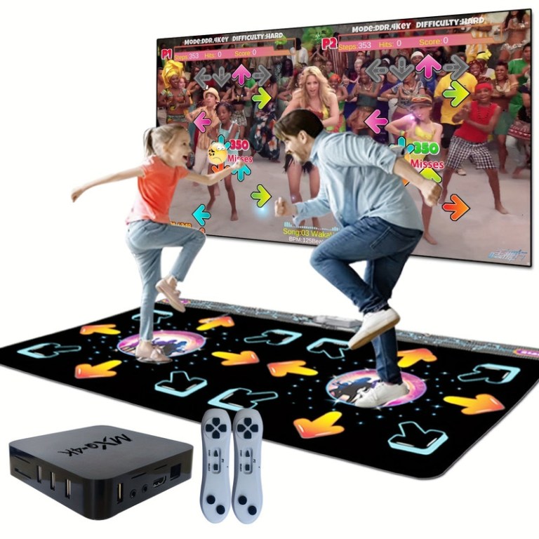 2 player dance mat game with motion sensor Father and daughter playing dance video game indoors