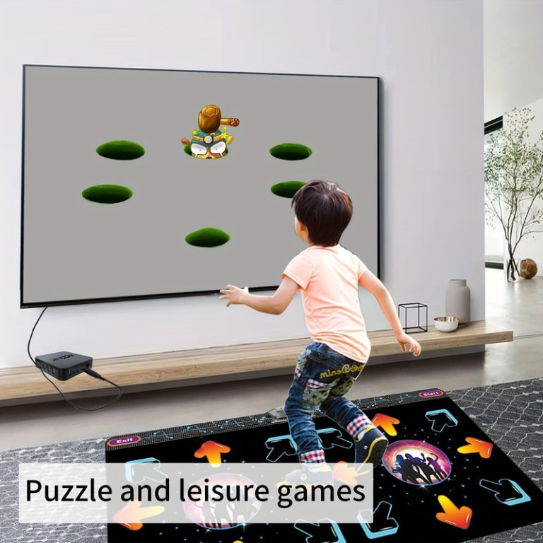 2 player dance mat game with motion sensor Child playing interactive puzzle game on floor mat