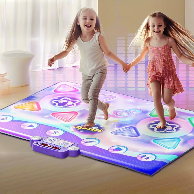 Two girls playing on colourful interactive dance mat