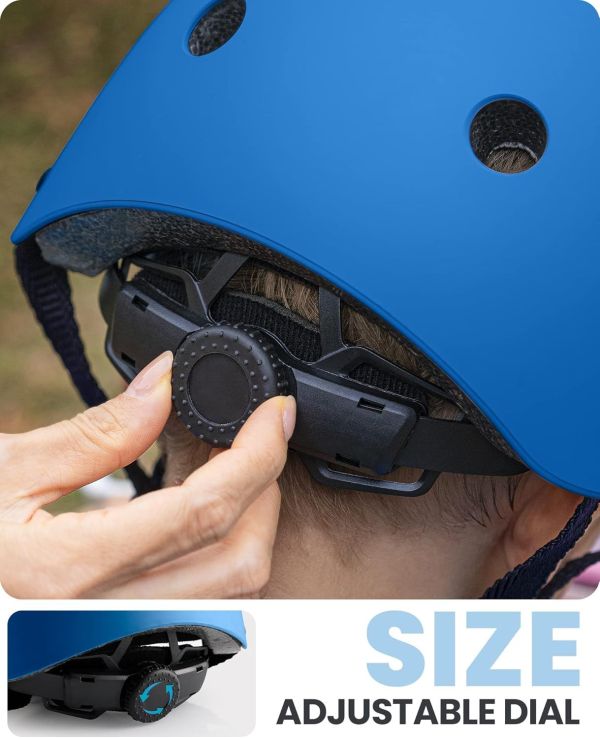 outdoormaster youth & kids bike helmet adjustable multi sports skateboard helmet with removable liners for balance bike, toddler scooter, one wheel hoverboard blue s Blue helmet with adjustable rear dial system