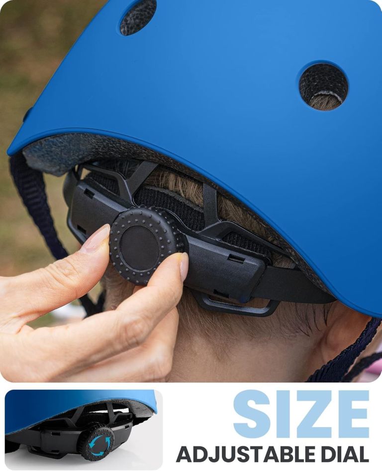 outdoormaster youth & kids bike helmet adjustable multi sports skateboard helmet with removable liners for balance bike, toddler scooter, one wheel hoverboard blue s Blue helmet with adjustable rear dial system