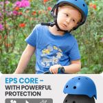 outdoormaster youth & kids bike helmet adjustable multi sports skateboard helmet with removable liners for balance bike, toddler scooter, one wheel hoverboard blue s Child wearing blue safety helmet outdoors