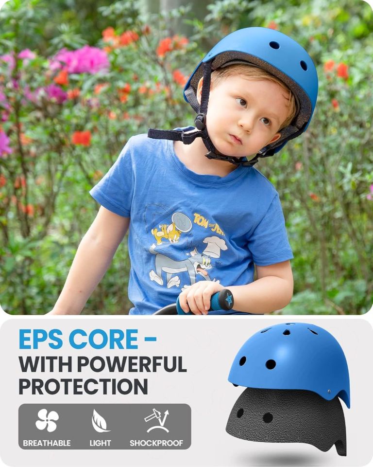 outdoormaster youth & kids bike helmet adjustable multi sports skateboard helmet with removable liners for balance bike, toddler scooter, one wheel hoverboard blue s Child wearing blue safety helmet outdoors