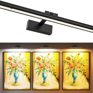 Modern black LED picture light above framed artwork