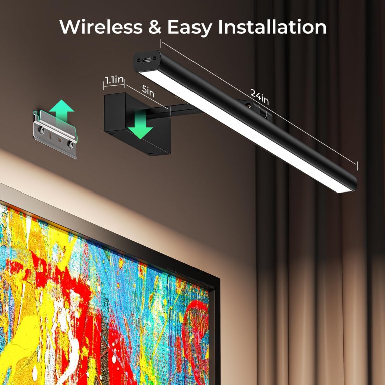 Wireless picture light above colourful wall art