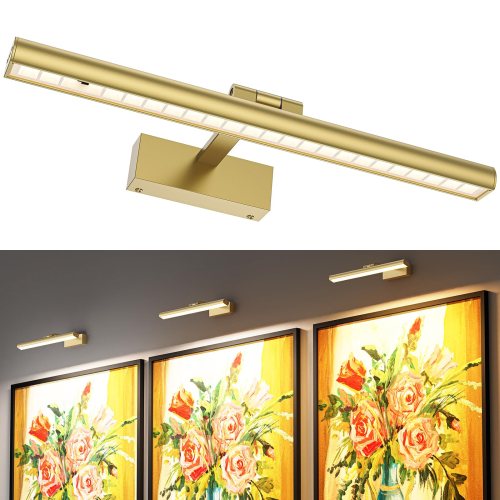 Brass LED picture light above framed floral artwork